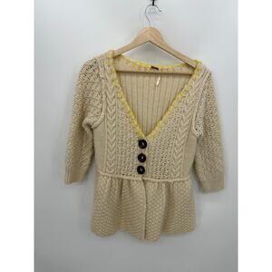 Free People Cardigan Sweater Women Medium Cream Yellow Knit Babydoll Wool Blend